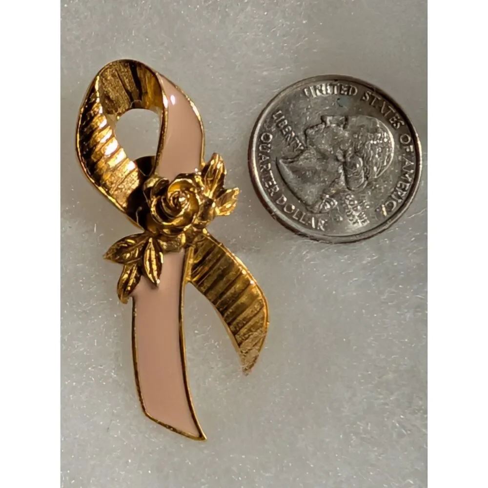 Vintage Avon Breast Cancer Pin, Pink and Gold Tone with Rose